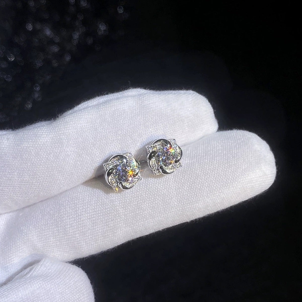 Floral Moissanite Stud Earrings with CZ in White Gold-Plated S925 Sterling Silver dark background product display view