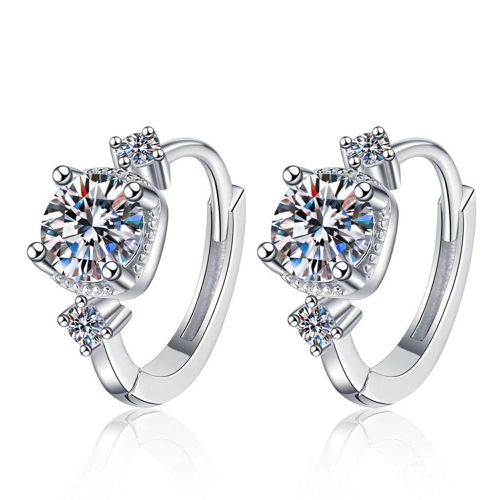 Three-Stone Moissanite Hoop Earrings with CZ in White Gold-Plated S925 on clean white background showing the pair and small hoop earrings with a three-stone moissanite cluster front