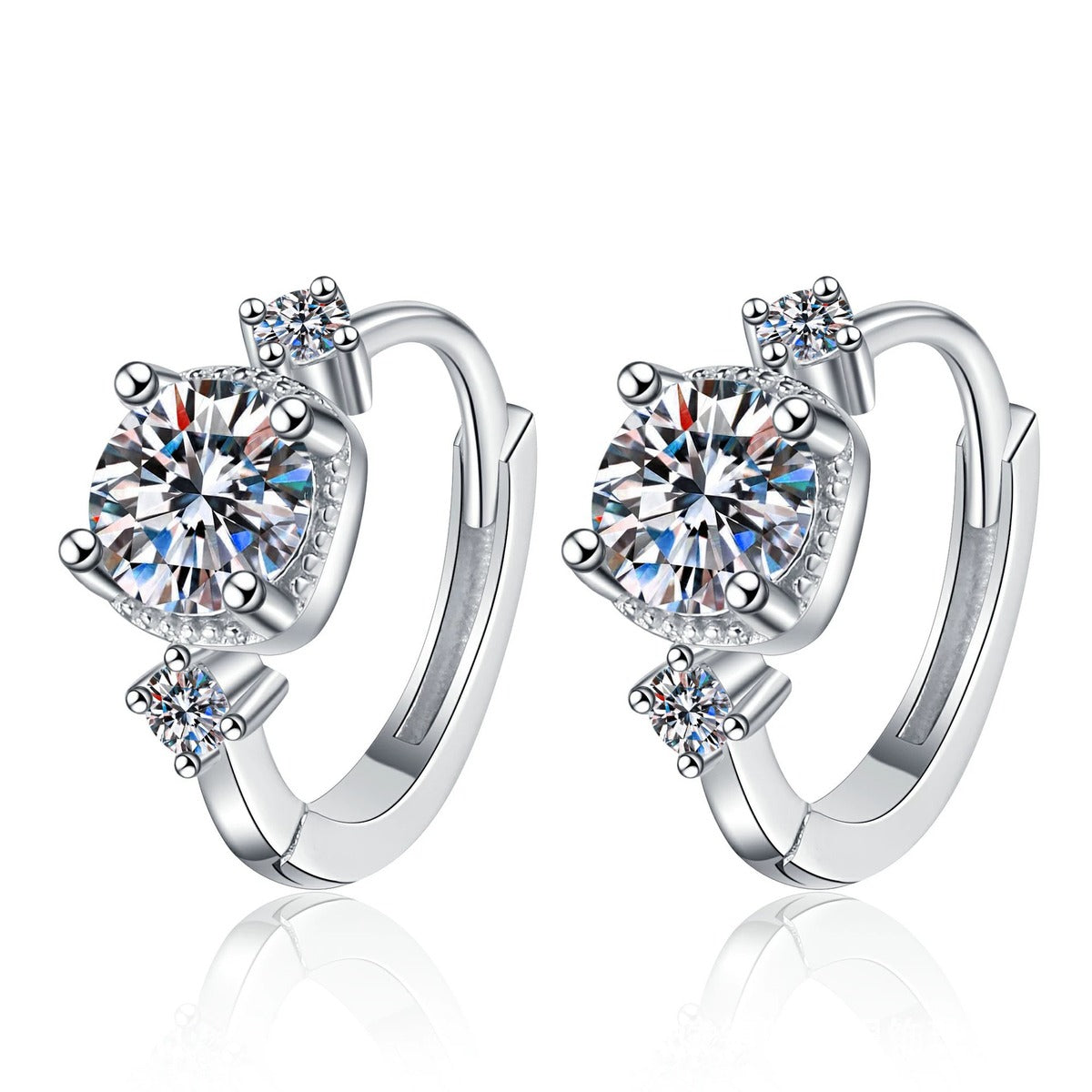 Three-Stone Moissanite Hoop Earrings with CZ in White Gold-Plated S925 on clean white background showing the pair and small hoop earrings with a three-stone moissanite cluster front