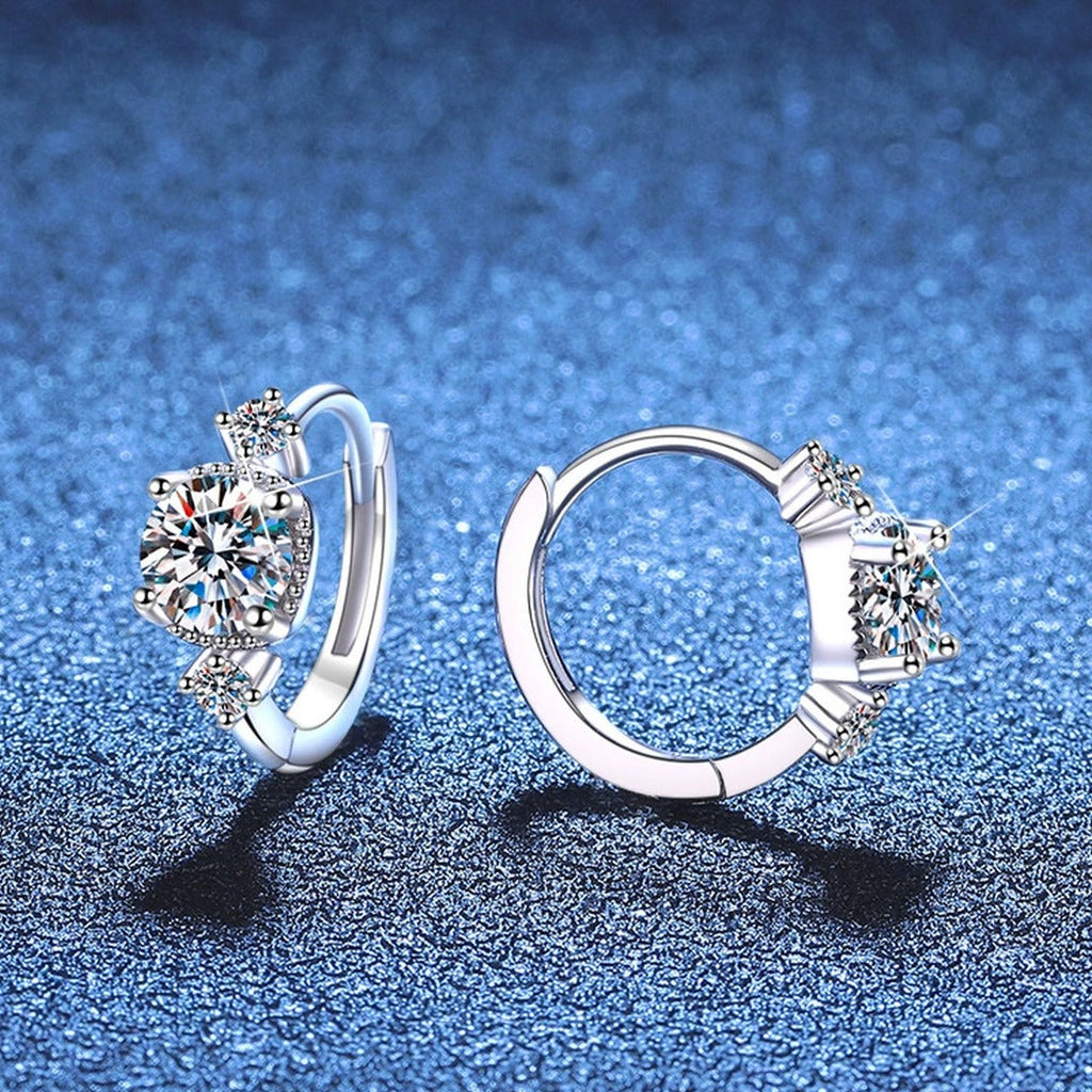 Three-Stone Moissanite Hoop Earrings with CZ in White Gold-Plated S925 blue scene product view