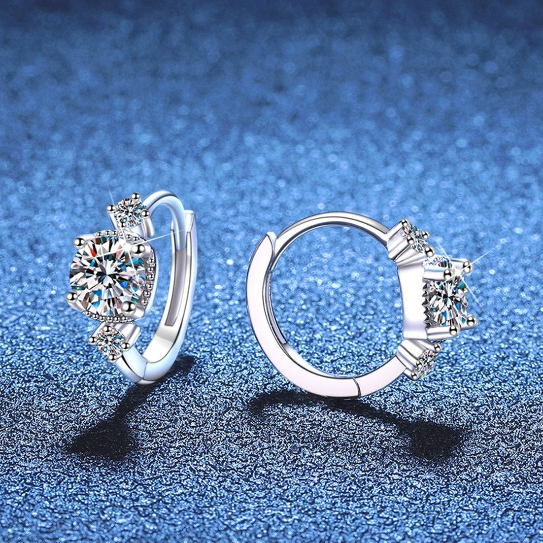 Three-Stone Moissanite Hoop Earrings with CZ in White Gold-Plated S925 blue scene product view