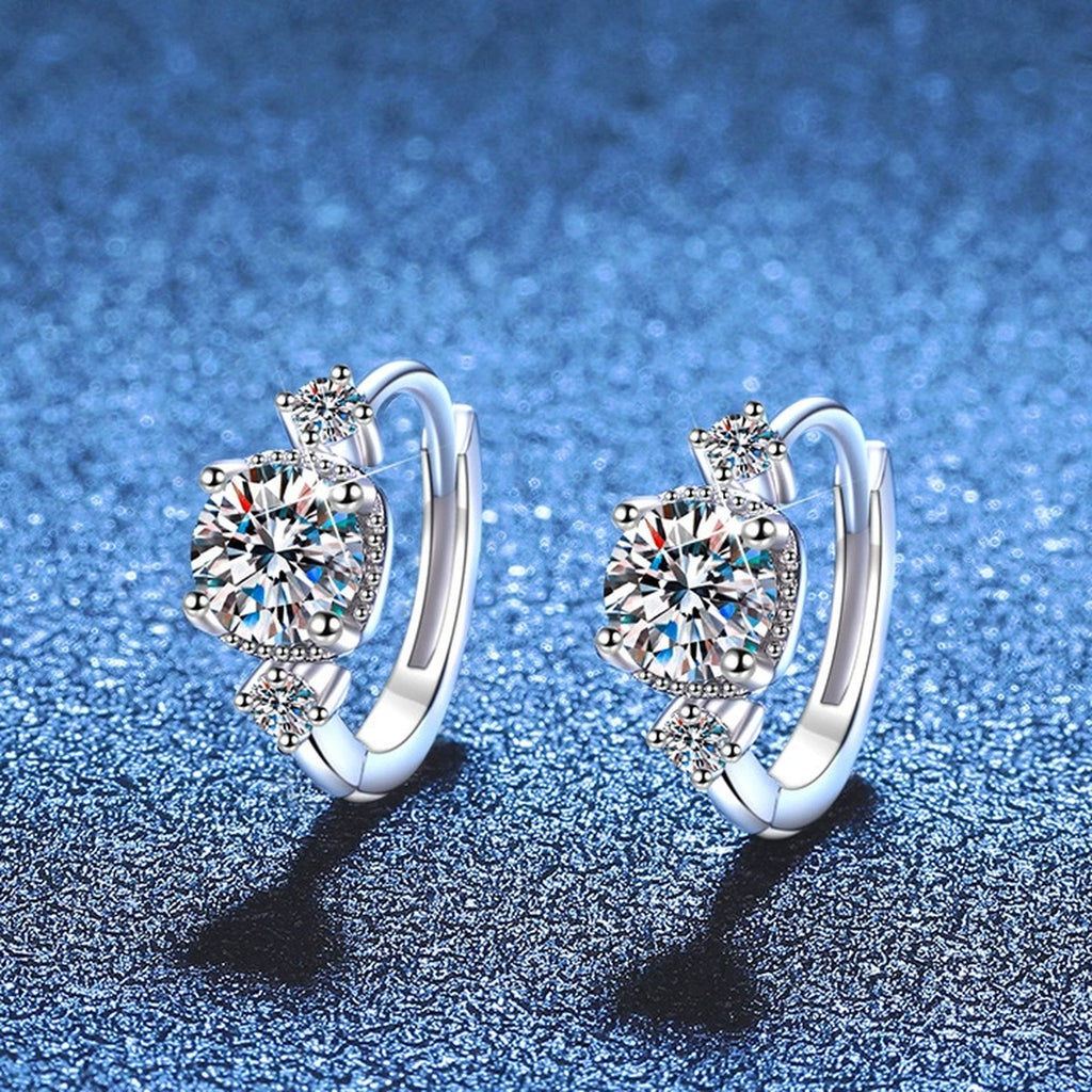 Three-Stone Moissanite Hoop Earrings with CZ in White Gold-Plated S925 blue scene angled view
