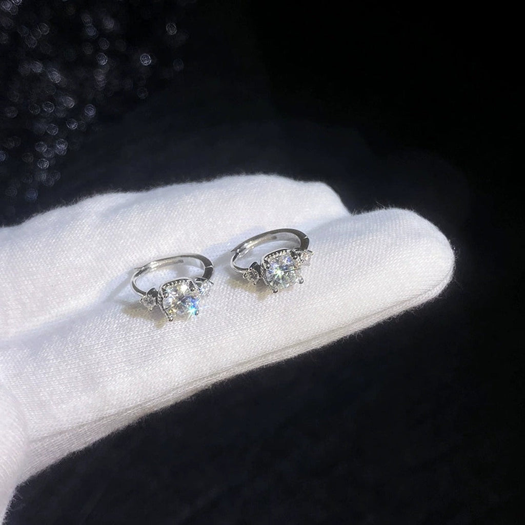 Three-Stone Moissanite Hoop Earrings with CZ in White Gold-Plated S925 dark background product display view