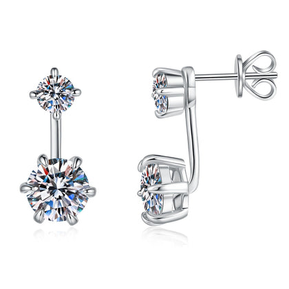 Two-Stone Moissanite Drop Earrings in White Gold-Plated S925 Sterling Silver on clean white background showing a vertical two-stone drop earring with round moissanite stones