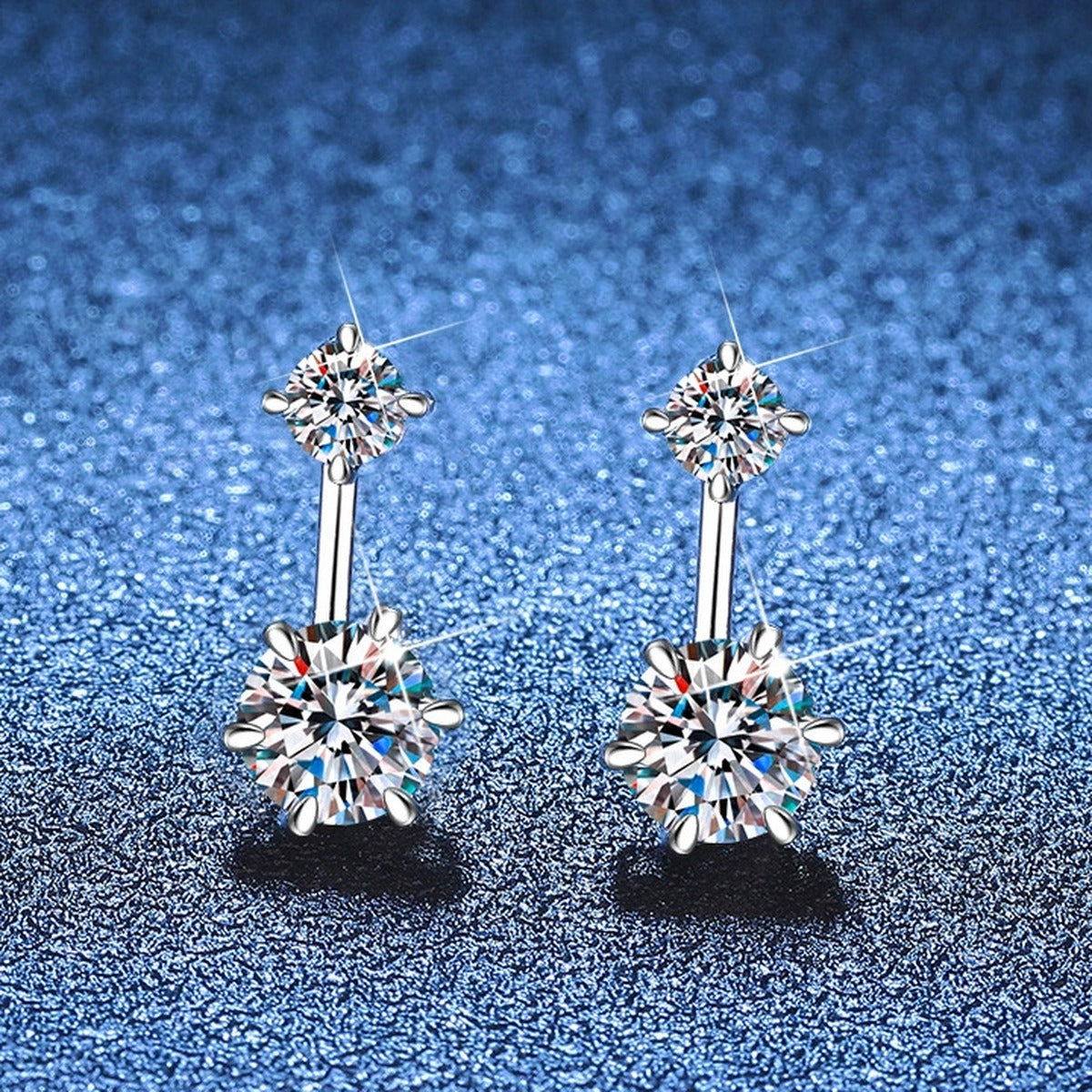 Two-Stone Moissanite Drop Earrings in White Gold-Plated S925 Sterling Silver blue scene product view