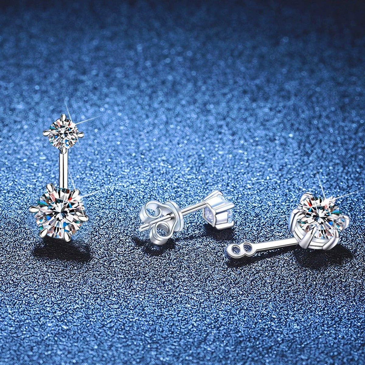 Two-Stone Moissanite Drop Earrings in White Gold-Plated S925 Sterling Silver blue scene angled view