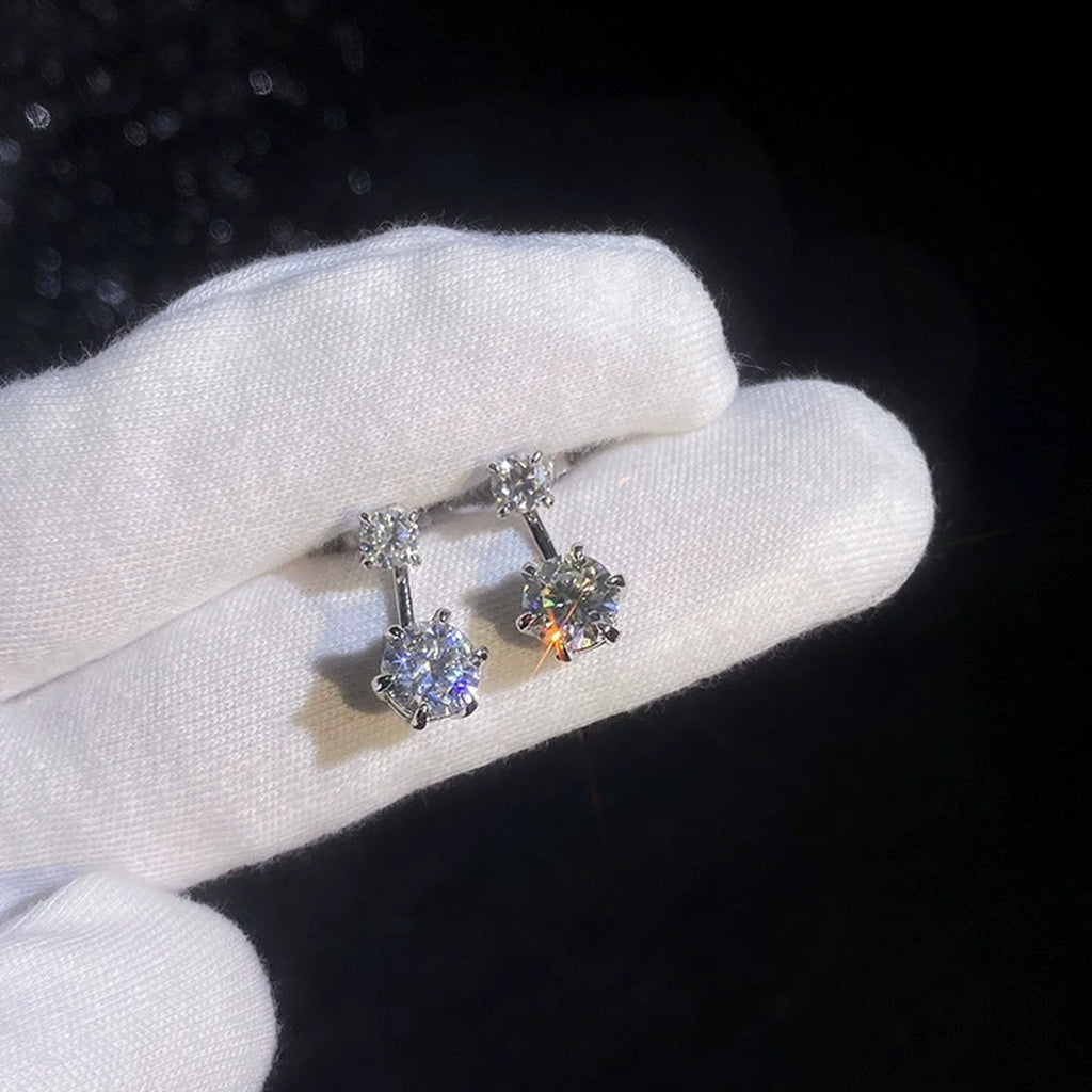 Two-Stone Moissanite Drop Earrings in White Gold-Plated S925 Sterling Silver dark background product display view