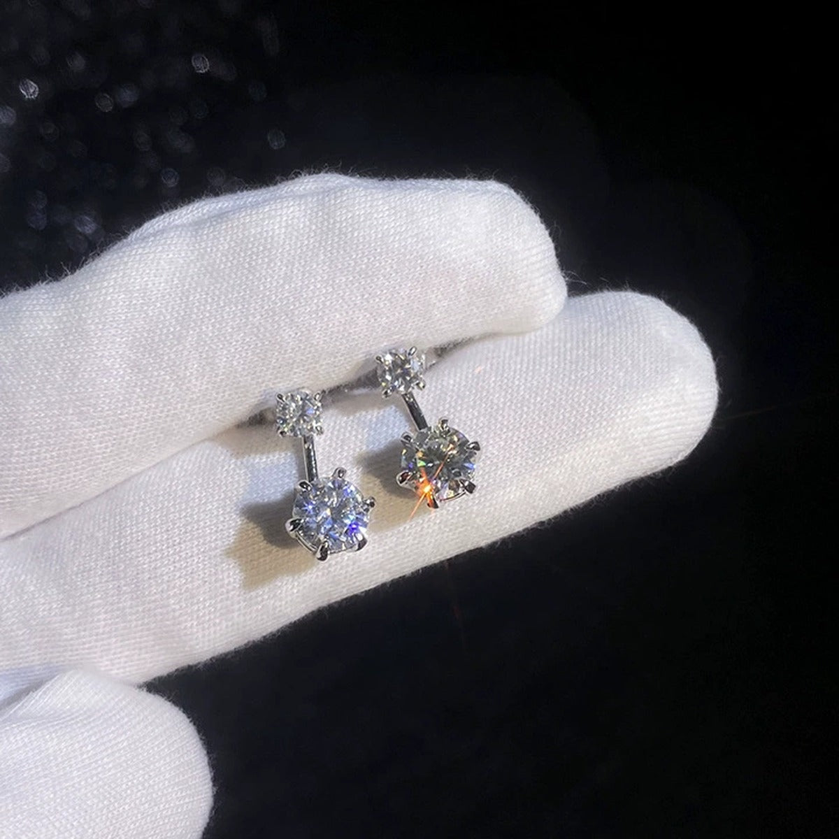 Two-Stone Moissanite Drop Earrings in White Gold-Plated S925 Sterling Silver dark background product display view