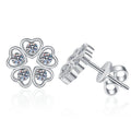 Five-Petal Moissanite Stud Earrings in White Gold-Plated S925 Sterling Silver on clean white background showing a five-petal flower stud made from small heart-like moissanite sections