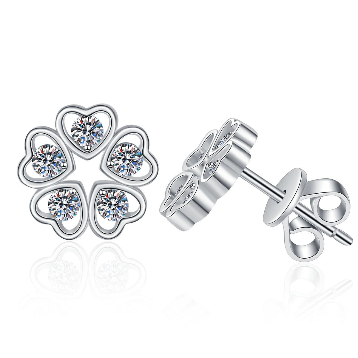 Five-Petal Moissanite Stud Earrings in White Gold-Plated S925 Sterling Silver on clean white background showing a five-petal flower stud made from small heart-like moissanite sections