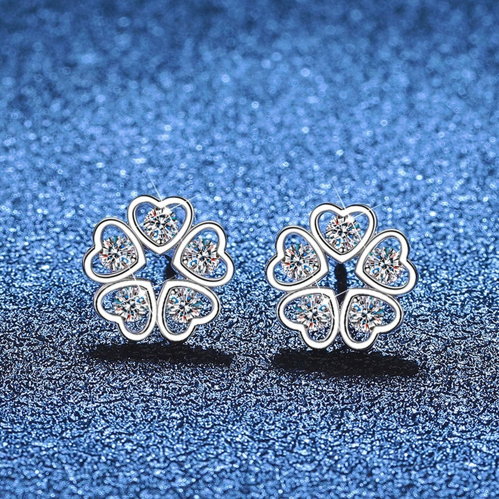 Five-Petal Moissanite Stud Earrings in White Gold-Plated S925 Sterling Silver blue scene product view