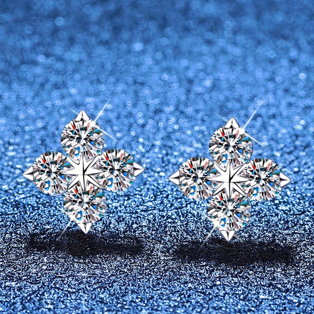 Star Moissanite Stud Earrings in White Gold-Plated S925 Sterling Silver blue scene angled view