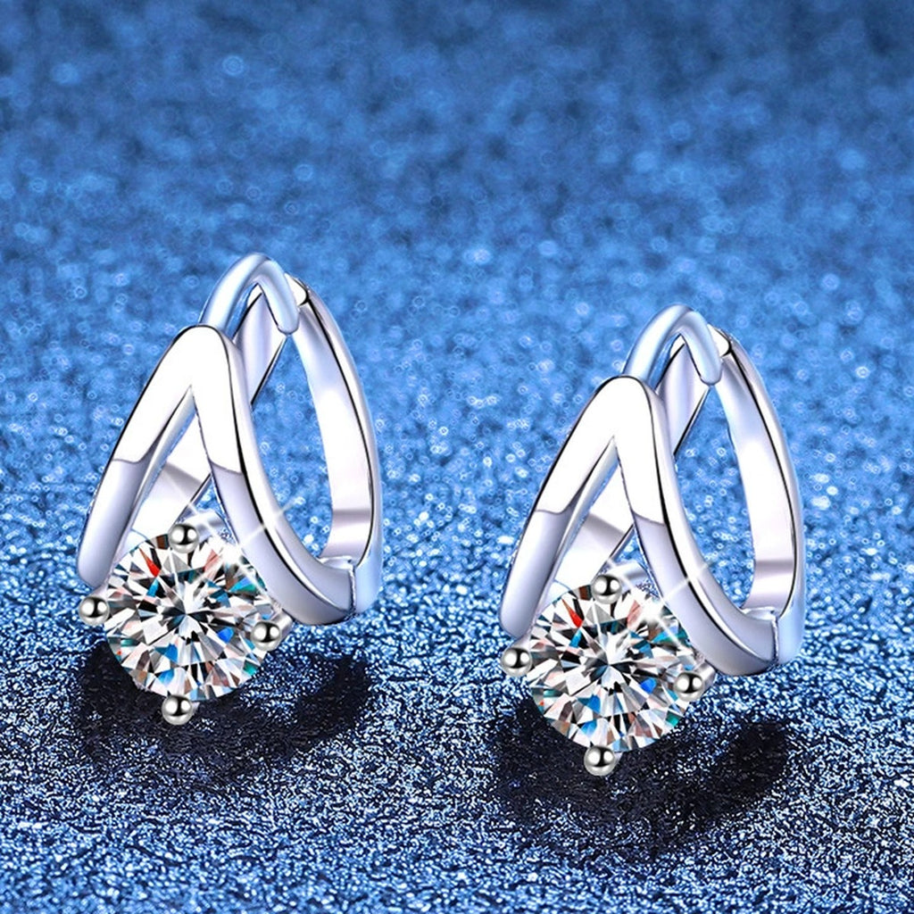 Round Moissanite Huggie Hoop Earrings in White Gold-Plated S925 Sterling Silver blue scene product view