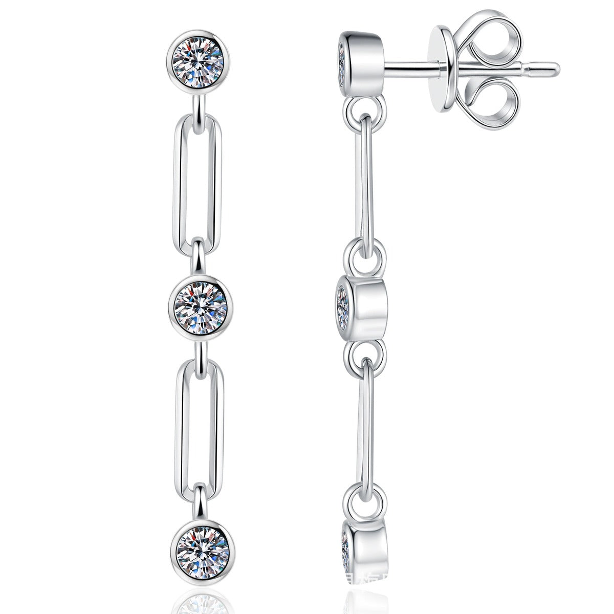 Link Chain Moissanite Drop Earrings in White Gold-Plated S925 Sterling Silver on clean white background showing a chain-link drop earring with round moissanite stations