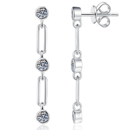 Link Chain Moissanite Drop Earrings in White Gold-Plated S925 Sterling Silver on clean white background showing a chain-link drop earring with round moissanite stations
