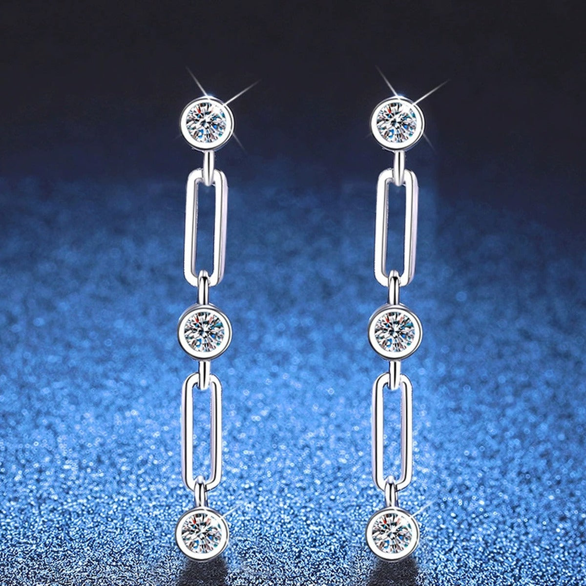 Link Chain Moissanite Drop Earrings in White Gold-Plated S925 Sterling Silver blue scene product view