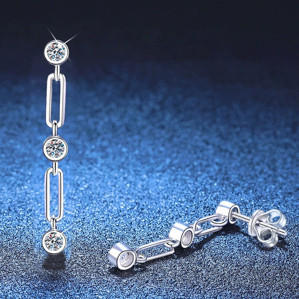 Link Chain Moissanite Drop Earrings in White Gold-Plated S925 Sterling Silver blue scene angled view