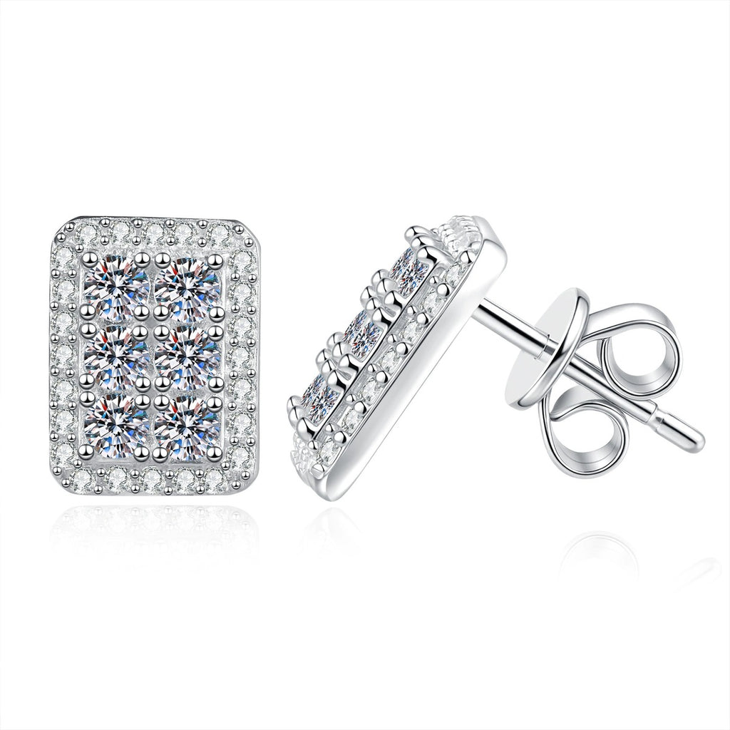 Rectangular Pave Moissanite Stud Earrings in White Gold-Plated S925 Sterling Silver with CZ on clean white background showing a rectangular pave stud silhouette