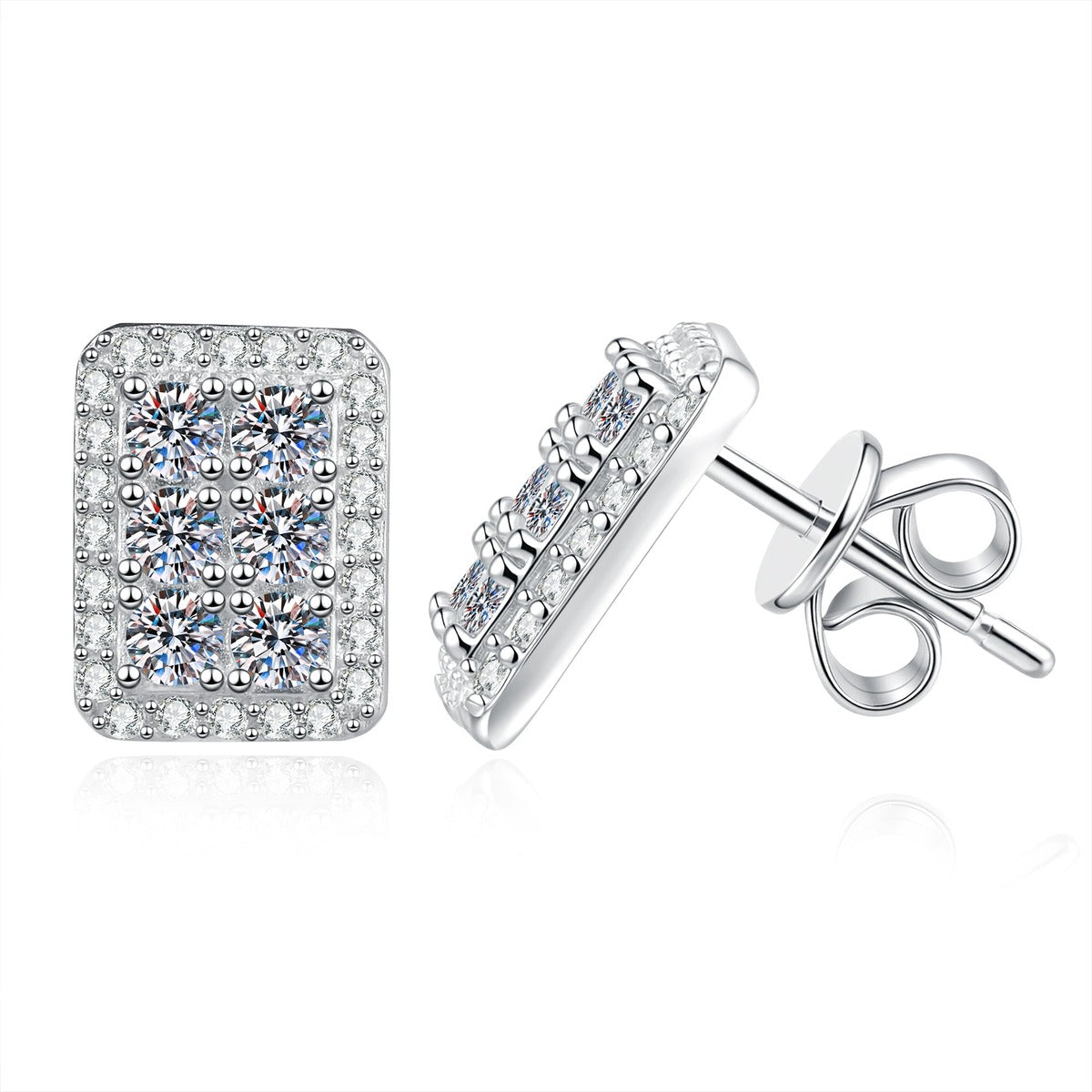 Rectangular Pave Moissanite Stud Earrings in White Gold-Plated S925 Sterling Silver with CZ on clean white background showing a rectangular pave stud silhouette
