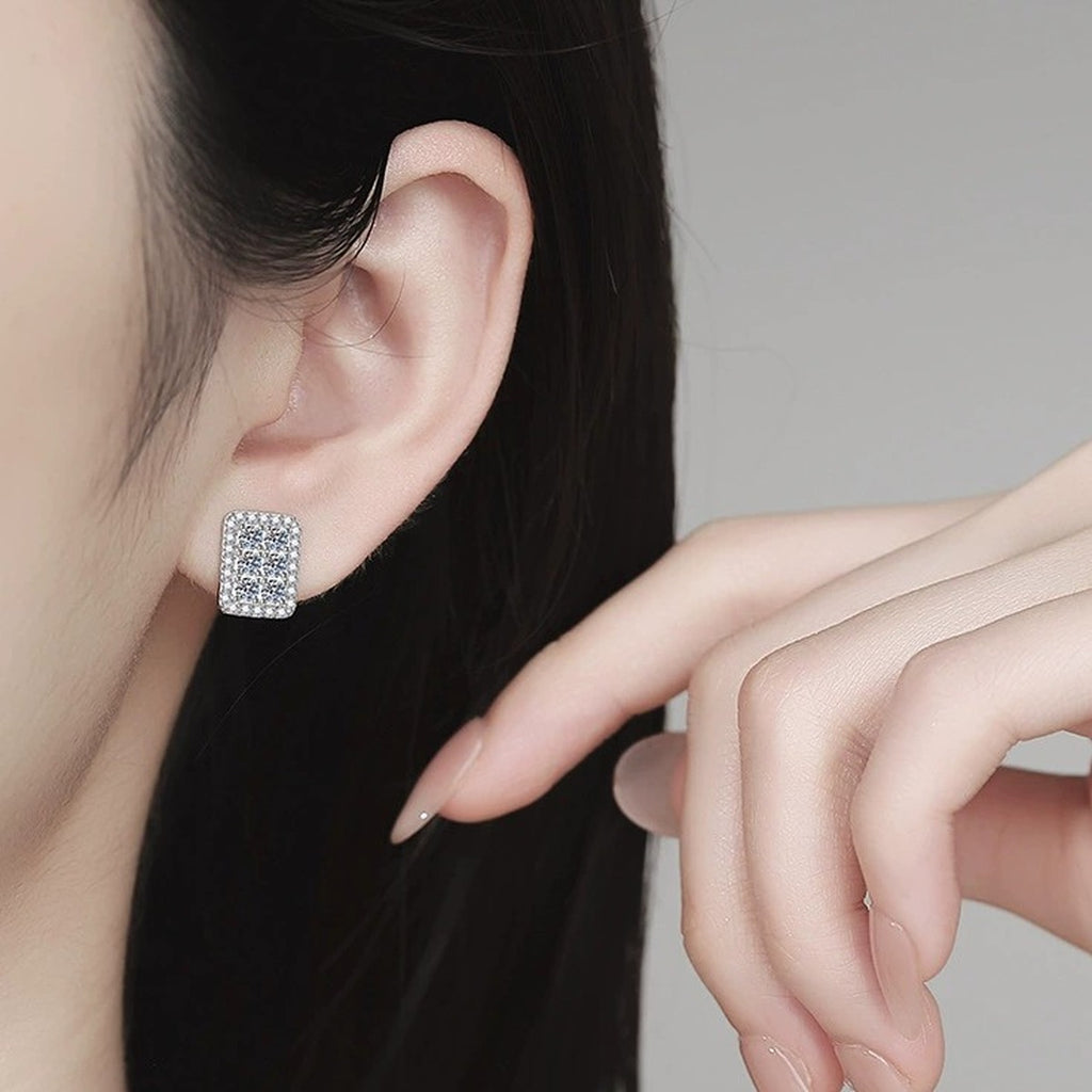Rectangular Pave Moissanite Stud Earrings in White Gold-Plated S925 Sterling Silver with CZ worn on ear by model