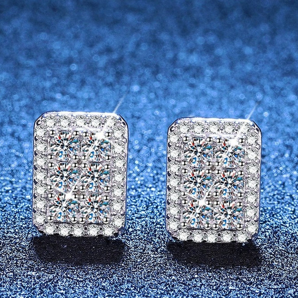 Rectangular Pave Moissanite Stud Earrings in White Gold-Plated S925 Sterling Silver with CZ blue scene product view