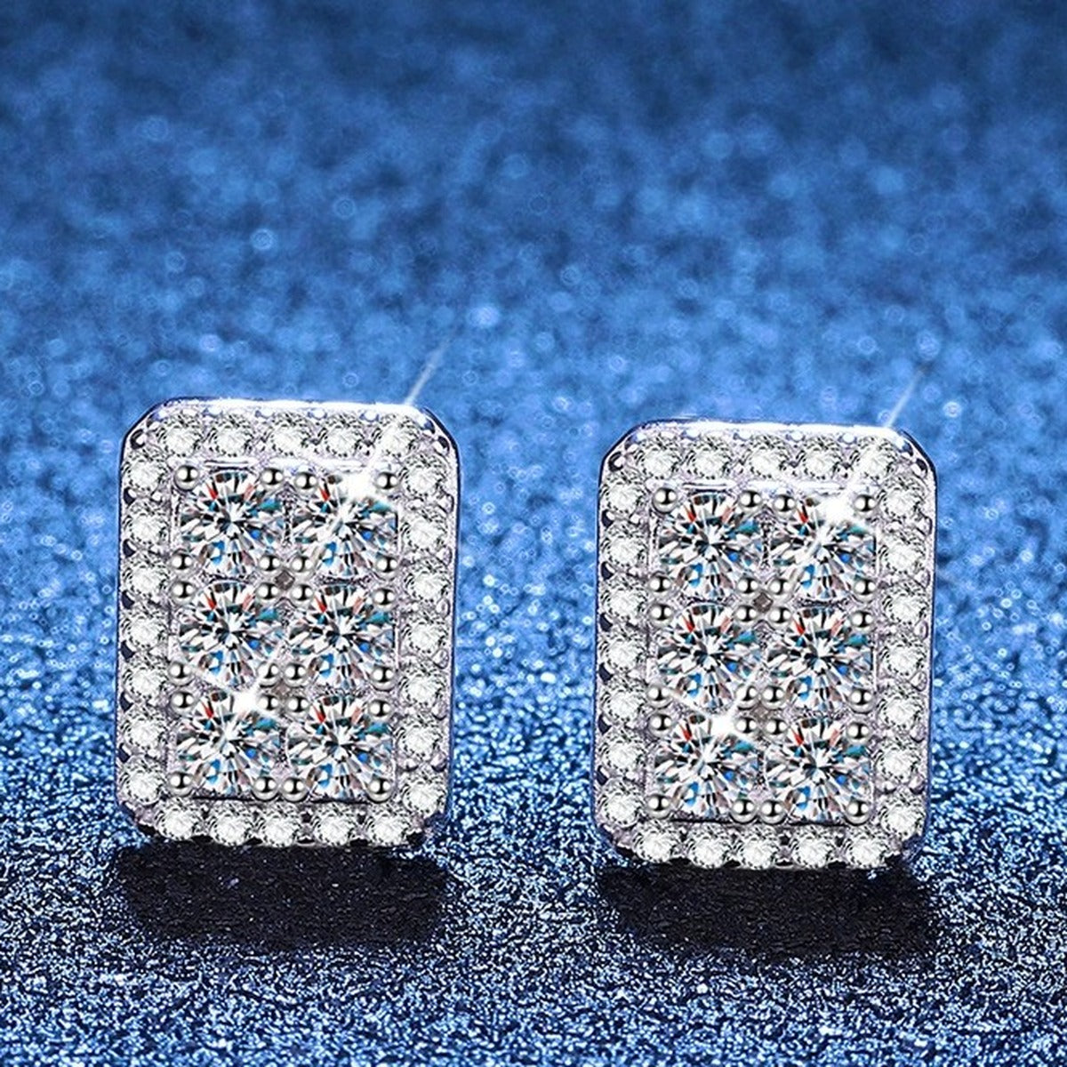 Rectangular Pave Moissanite Stud Earrings in White Gold-Plated S925 Sterling Silver with CZ blue scene product view