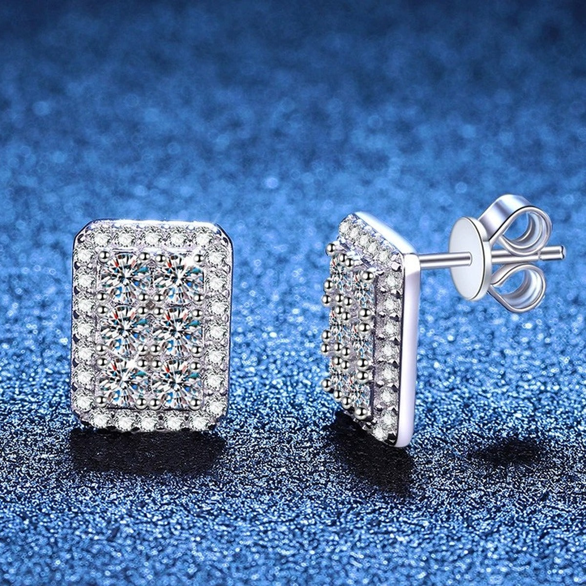Rectangular Pave Moissanite Stud Earrings in White Gold-Plated S925 Sterling Silver with CZ blue scene angled view
