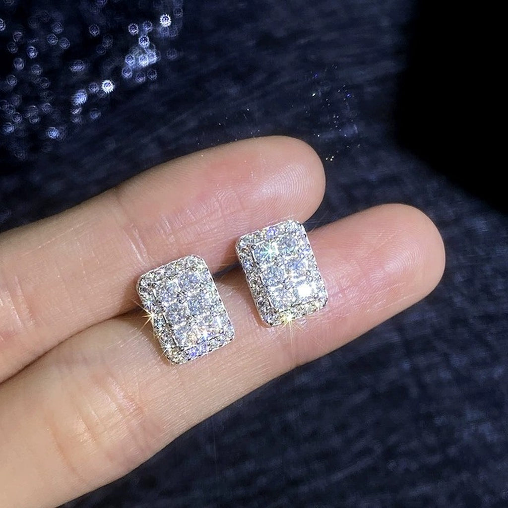 Rectangular Pave Moissanite Stud Earrings in White Gold-Plated S925 Sterling Silver with CZ close-up product detail view