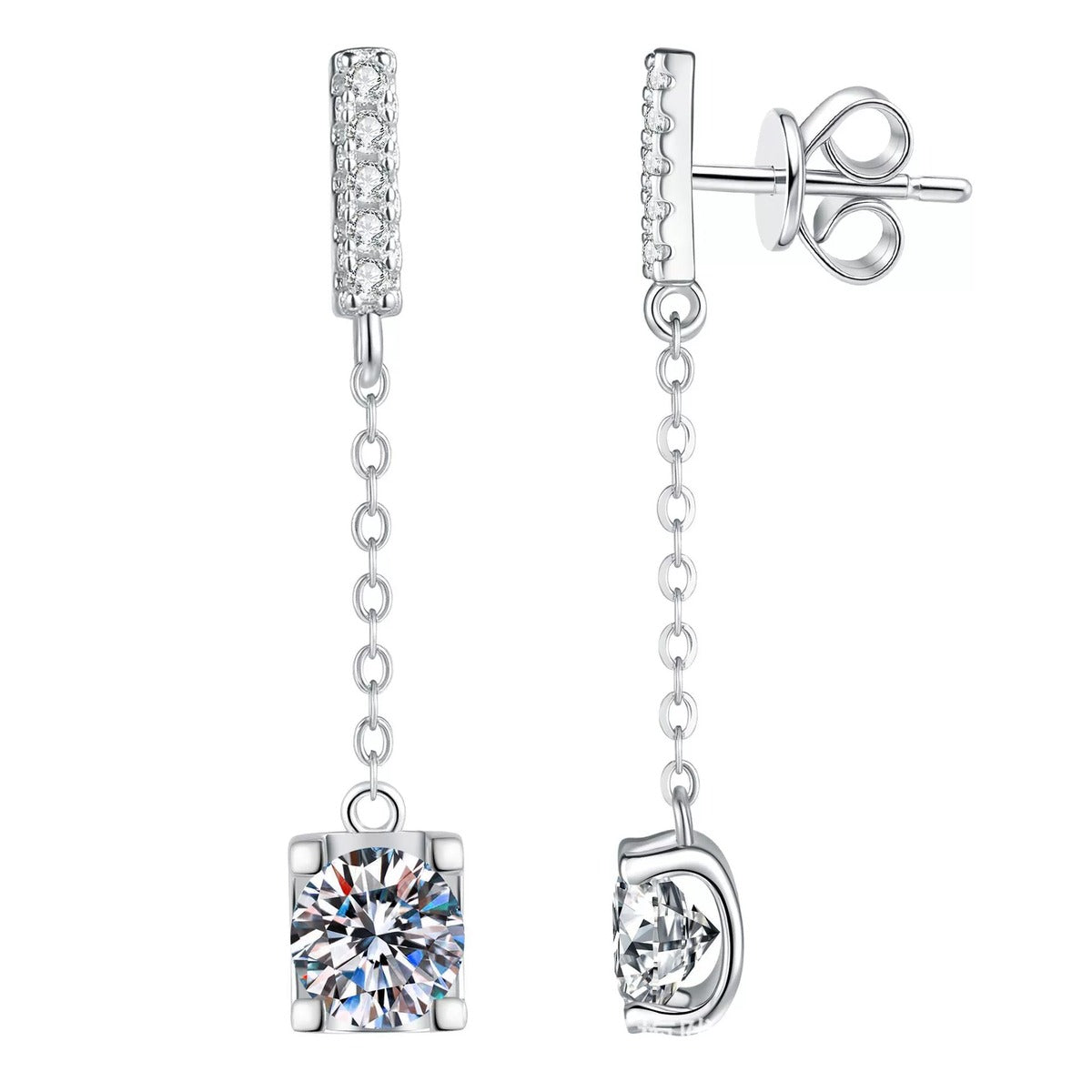 Chain Moissanite Drop Earrings with CZ in White Gold-Plated S925 Sterling Silver on clean white background showing a long chain drop earring with a square moissanite dangle and CZ bar top