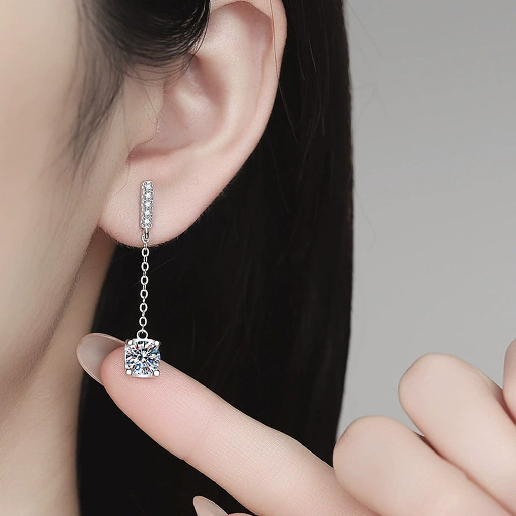 Chain Moissanite Drop Earrings with CZ in White Gold-Plated S925 Sterling Silver worn on ear by model