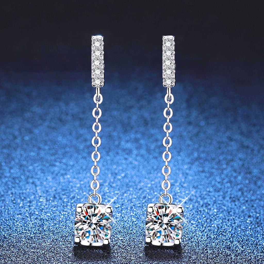 Chain Moissanite Drop Earrings with CZ in White Gold-Plated S925 Sterling Silver blue scene product view