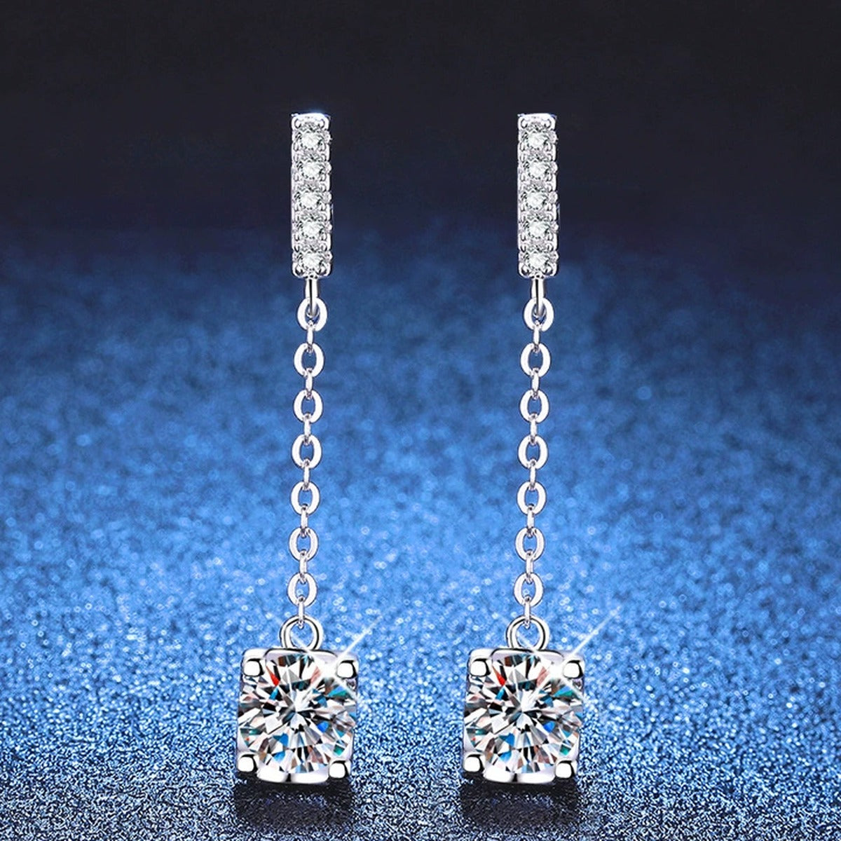 Chain Moissanite Drop Earrings with CZ in White Gold-Plated S925 Sterling Silver blue scene product view