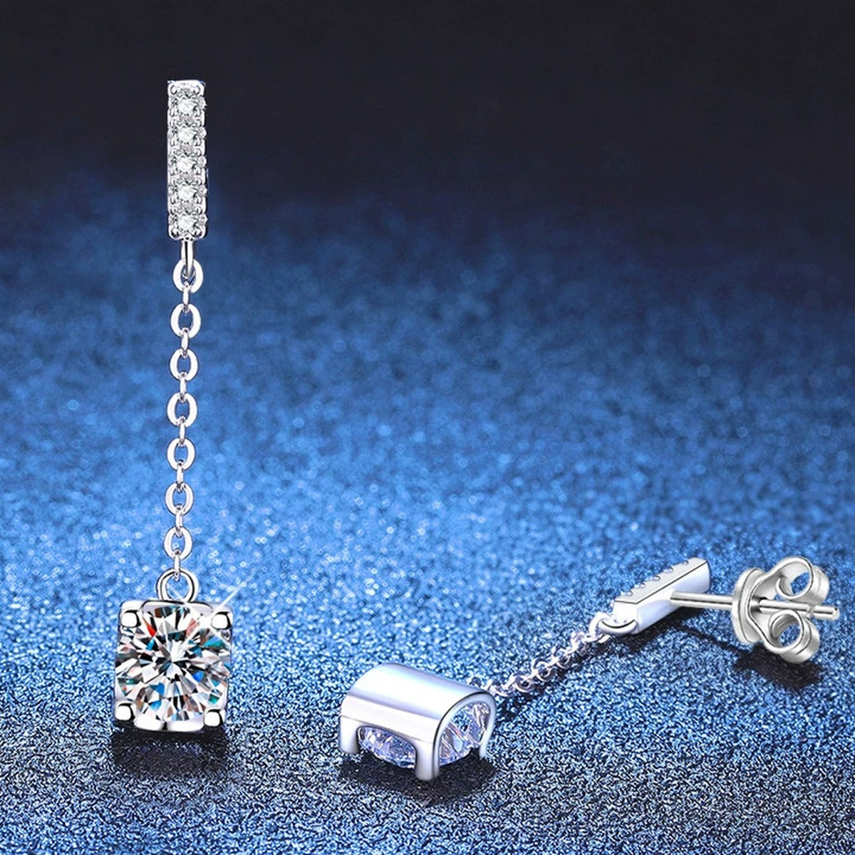 Chain Moissanite Drop Earrings with CZ in White Gold-Plated S925 Sterling Silver blue scene angled view