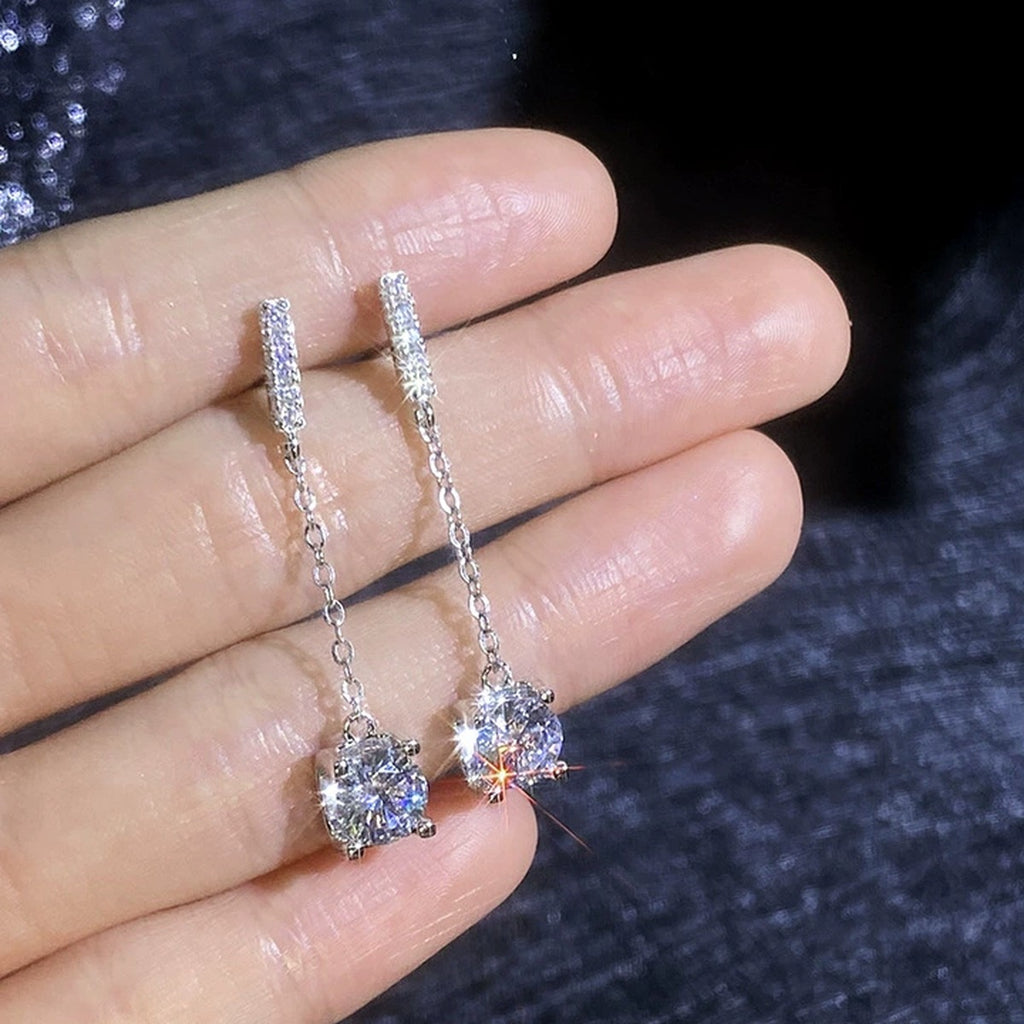 Chain Moissanite Drop Earrings with CZ in White Gold-Plated S925 Sterling Silver close-up product detail view