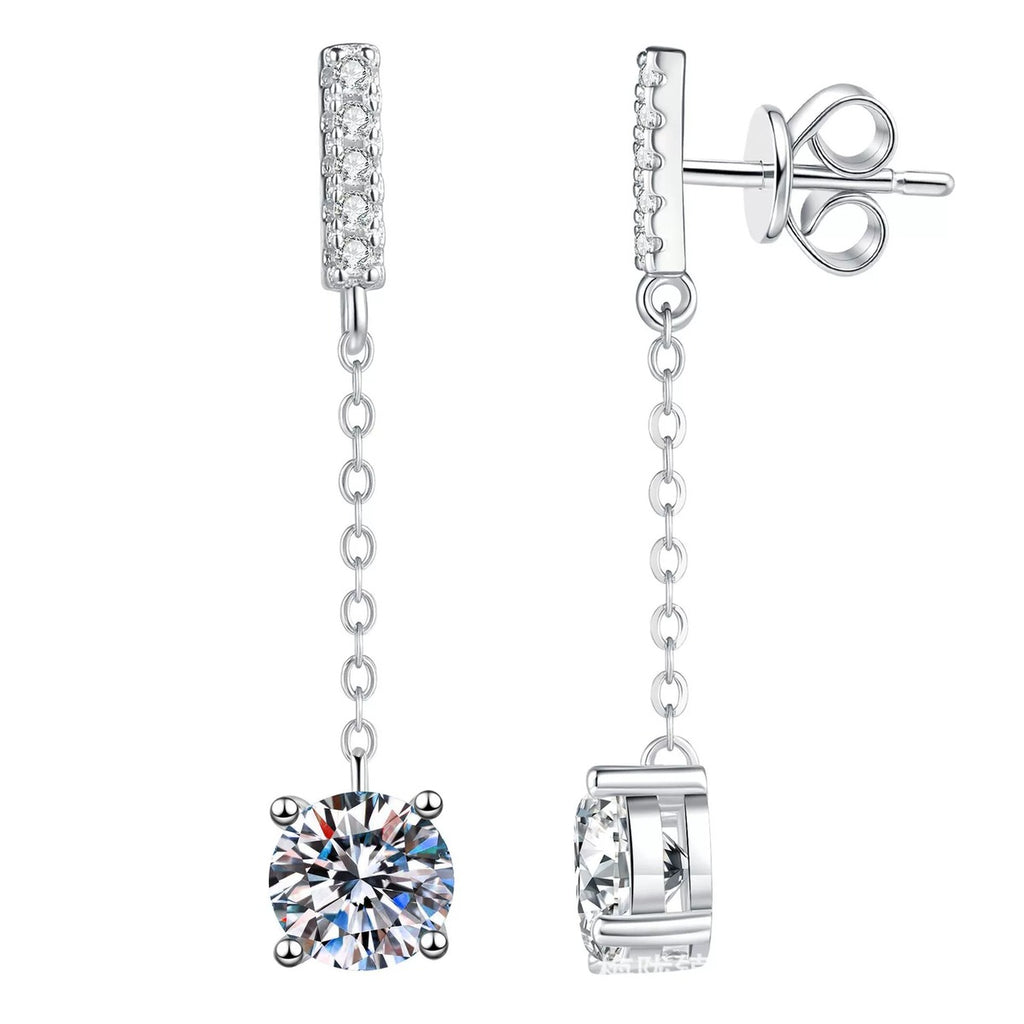 Square Moissanite Chain Drop Earrings with CZ in White Gold-Plated S925 Sterling Silver on clean white background showing a chain drop earring with a square moissanite dangle and CZ-set vertical top