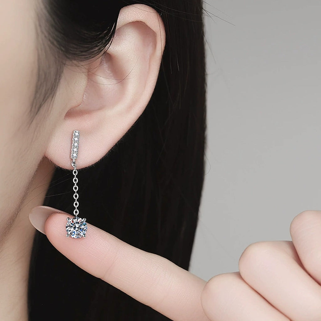 Square Moissanite Chain Drop Earrings with CZ in White Gold-Plated S925 Sterling Silver worn on ear by model