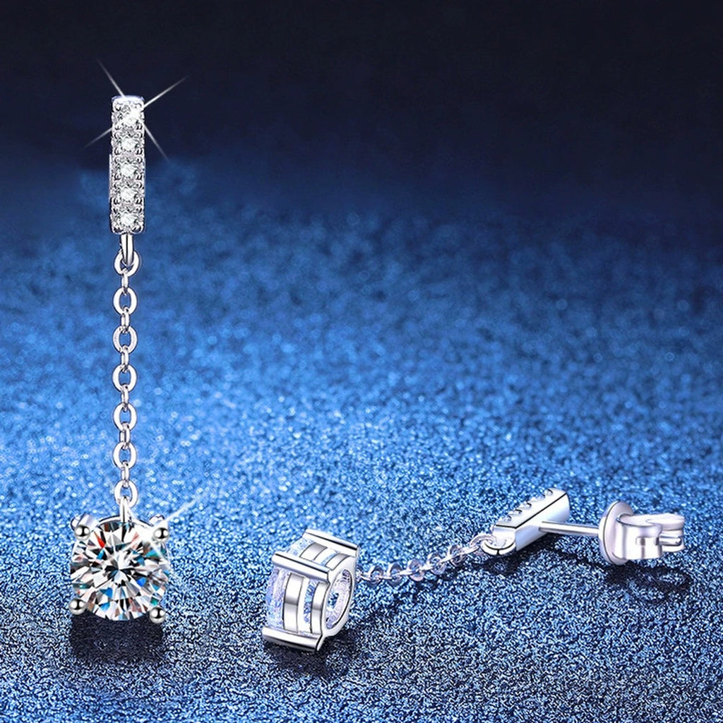 Square Moissanite Chain Drop Earrings with CZ in White Gold-Plated S925 Sterling Silver blue scene product view