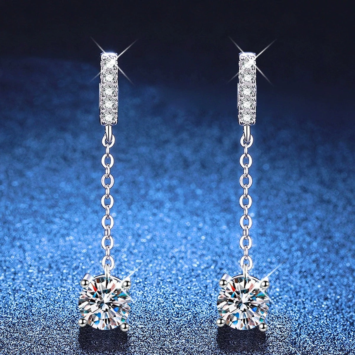 Square Moissanite Chain Drop Earrings with CZ in White Gold-Plated S925 Sterling Silver blue scene angled view