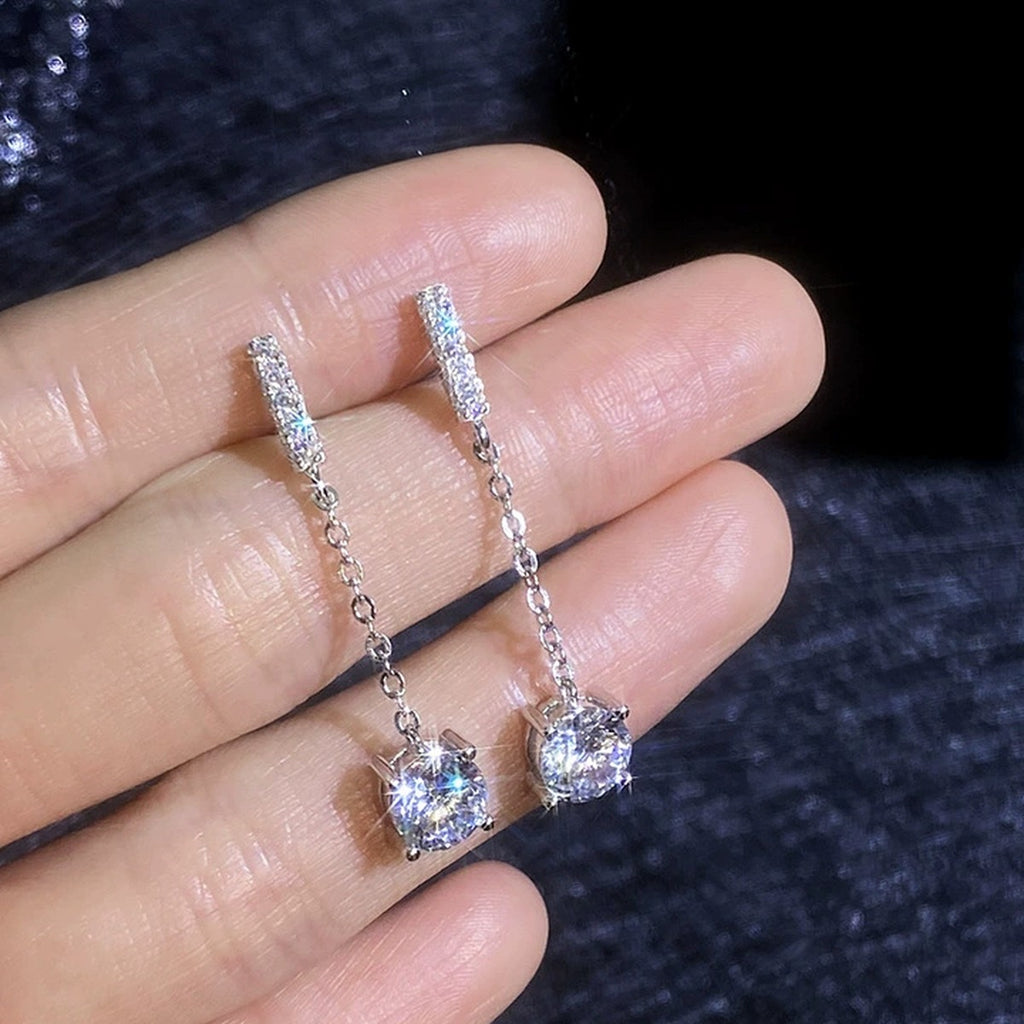 Square Moissanite Chain Drop Earrings with CZ in White Gold-Plated S925 Sterling Silver close-up product detail view