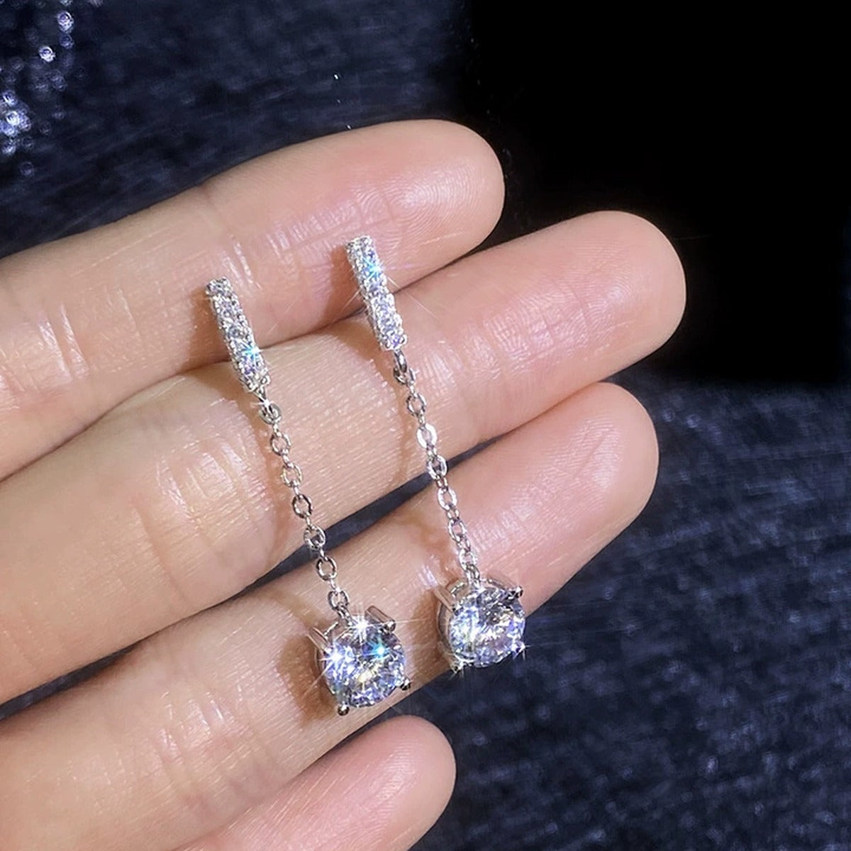 Square Moissanite Chain Drop Earrings with CZ in White Gold-Plated S925 Sterling Silver close-up product detail view