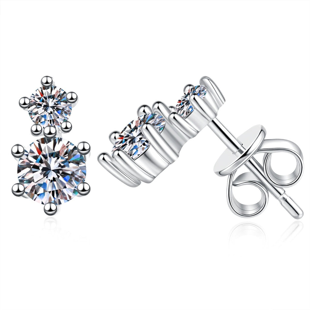 Two-Stone Moissanite Stud Earrings in White Gold-Plated S925 Sterling Silver on clean white background showing a stacked two-stone stud with round moissanite stones