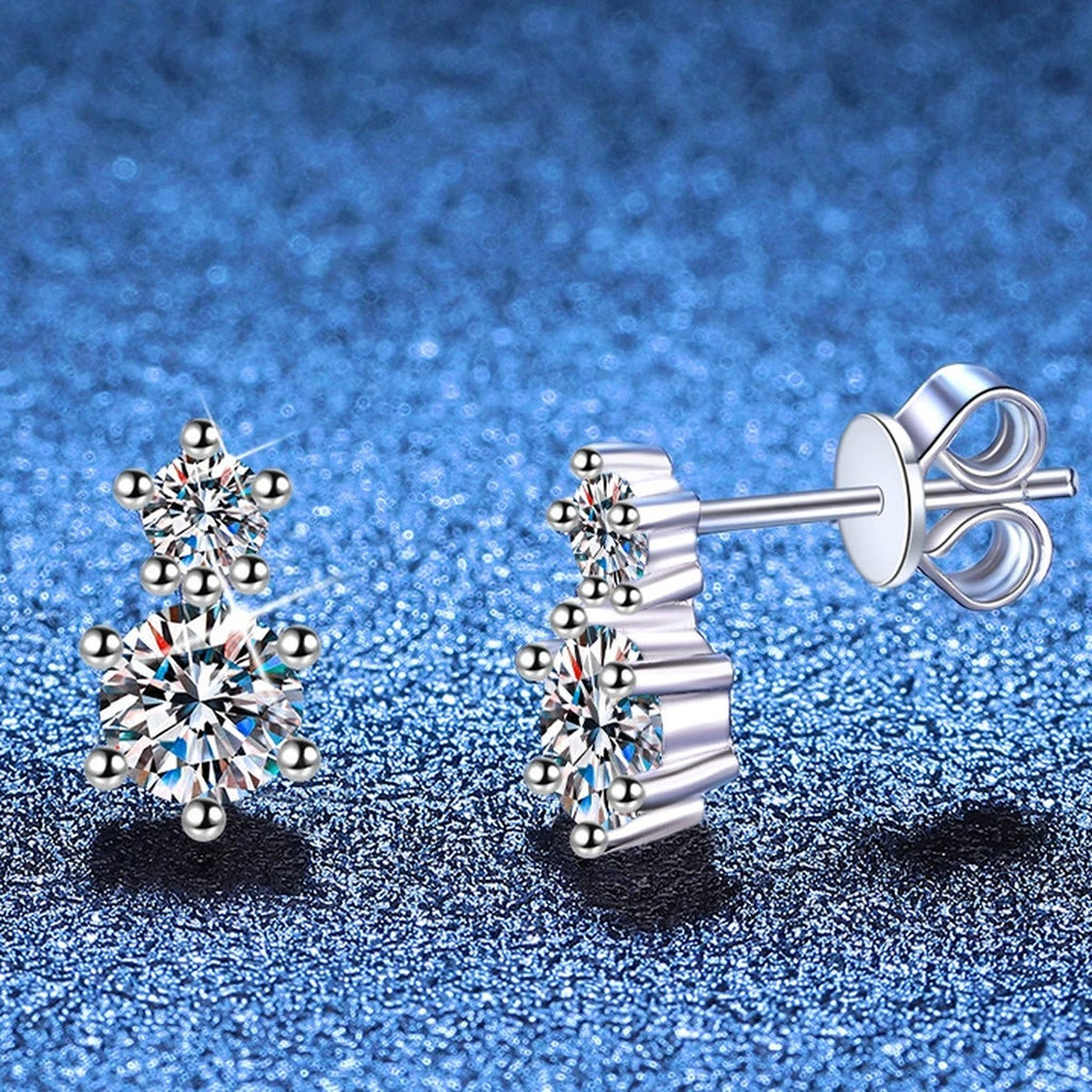 Two-Stone Moissanite Stud Earrings in White Gold-Plated S925 Sterling Silver blue scene angled view