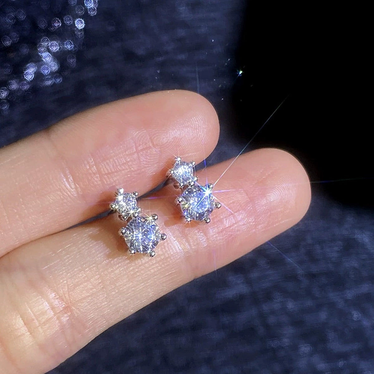 Two-Stone Moissanite Stud Earrings in White Gold-Plated S925 Sterling Silver close-up product detail view