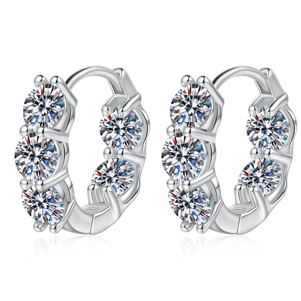 Cluster Moissanite Huggie Hoop Earrings in Gold-Plated S925 Sterling Silver on clean white background showing a chunky huggie hoop with clustered round moissanite stones across the front