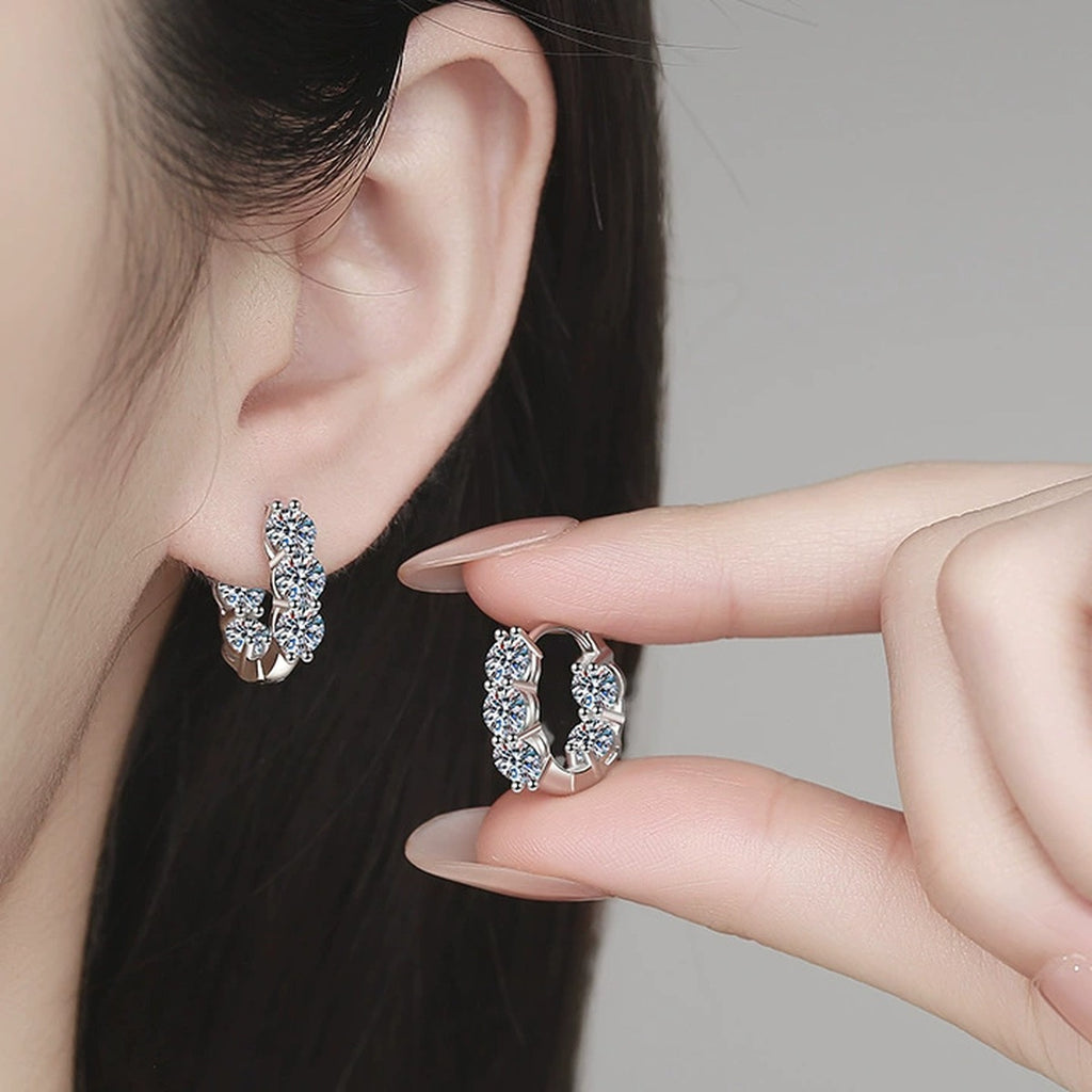 Cluster Moissanite Huggie Hoop Earrings in Gold-Plated S925 Sterling Silver worn on ear by model