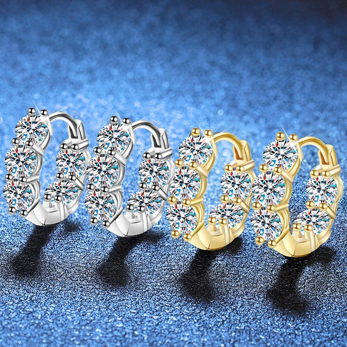 Cluster Moissanite Huggie Hoop Earrings in Gold-Plated S925 Sterling Silver blue scene product view