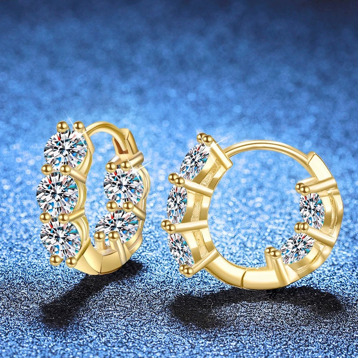 Cluster Moissanite Huggie Hoop Earrings in Gold-Plated S925 Sterling Silver blue scene close-up view