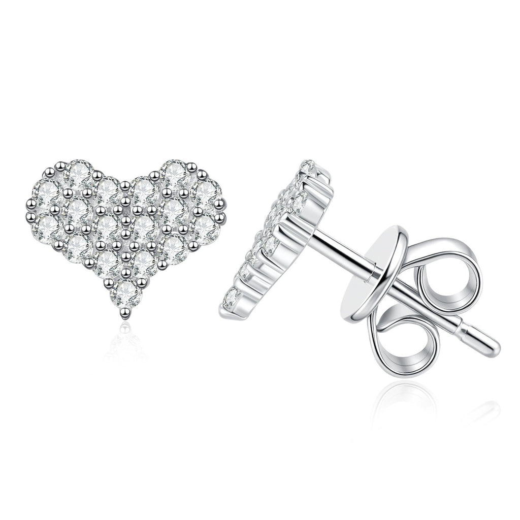 Heart Moissanite Stud Earrings in Gold-Plated S925 Sterling Silver on clean white background showing a pave heart stud offered in white and yellow gold finishes