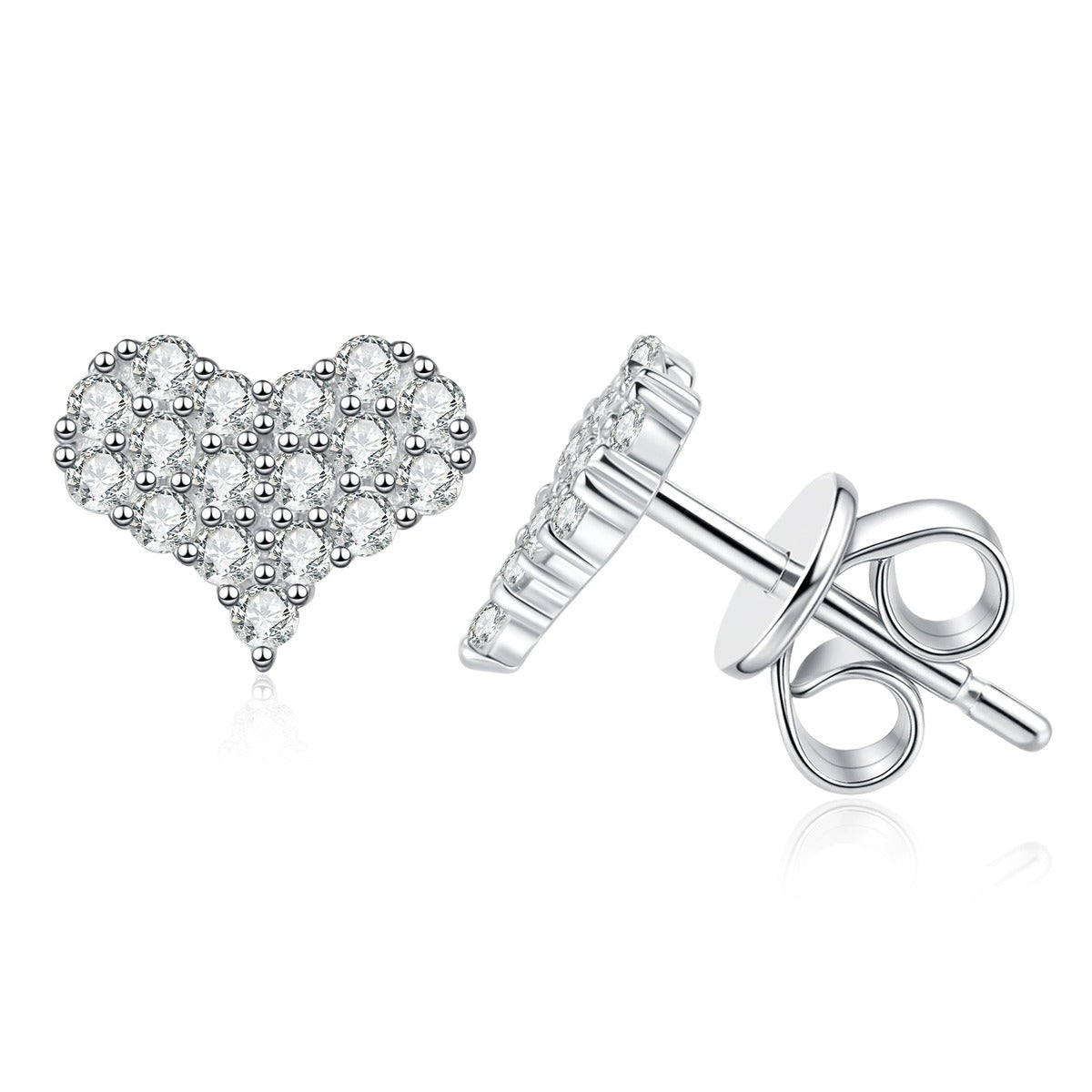 Heart Moissanite Stud Earrings in Gold-Plated S925 Sterling Silver on clean white background showing a pave heart stud offered in white and yellow gold finishes