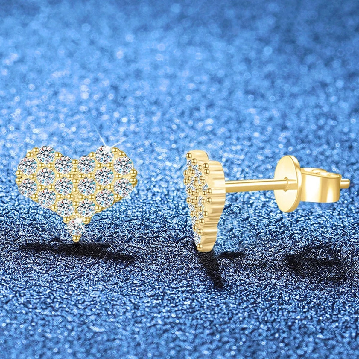 Heart Moissanite Stud Earrings in Gold-Plated S925 Sterling Silver blue scene close-up view